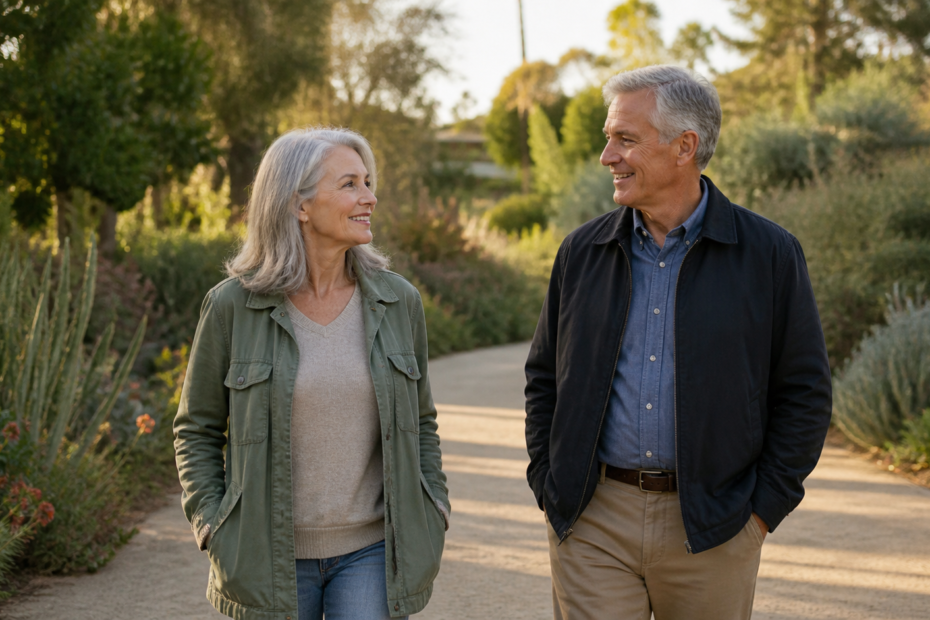 Two mature adults walking and talking in a peaceful Los Angeles garden after widowhood
