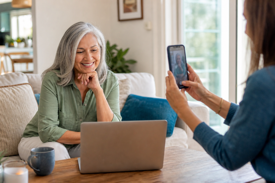 Woman over 50 creating a natural dating profile with help from a friend in Los Angeles