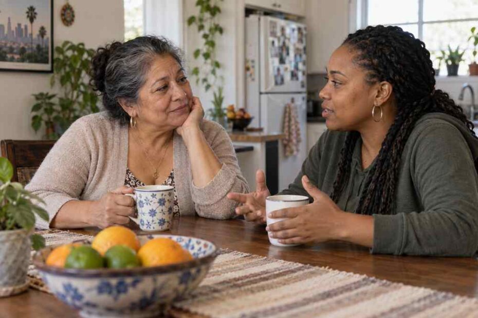 Mature mother discussing her return to dating with her adult daughter