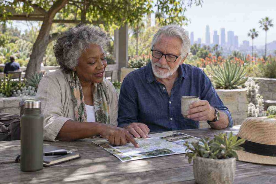 Retired couple planning a weekday outing at a Los Angeles garden terrace