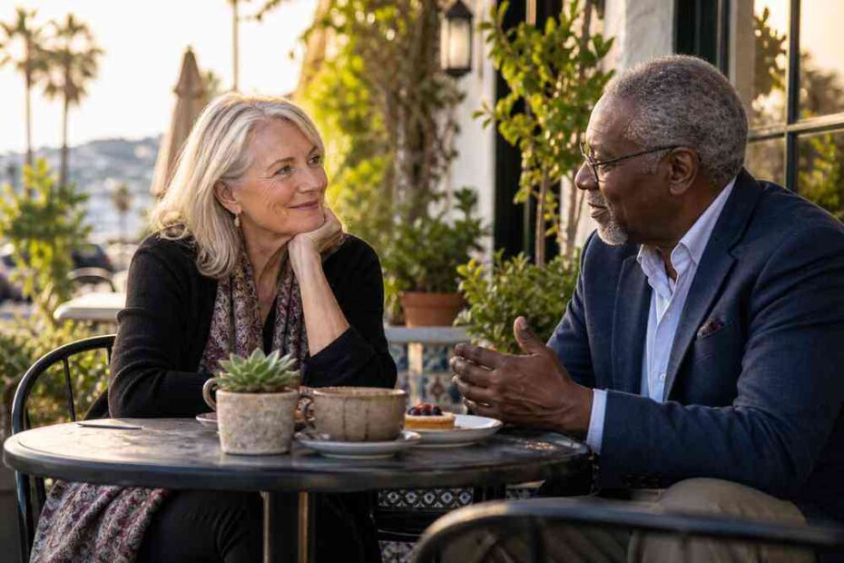 Mature couple having an attentive first-date conversation at an outdoor cafe