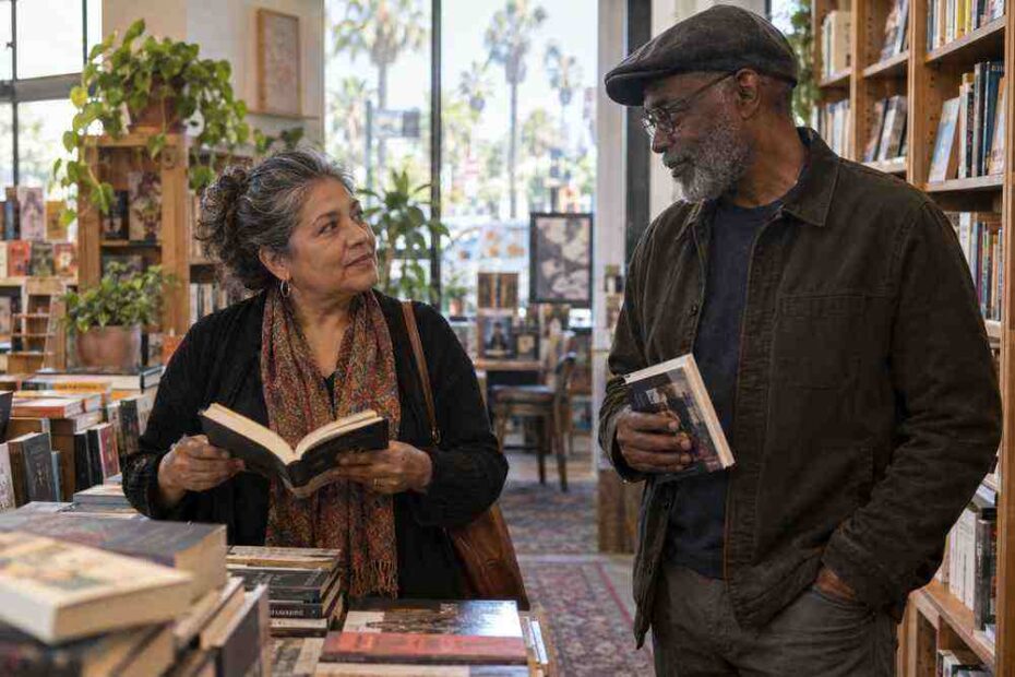 Introverted mature singles talking quietly in a Los Angeles bookstore