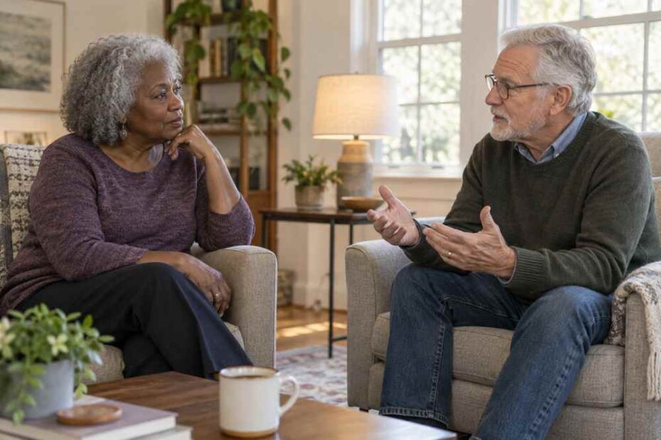 Mature couple calmly discussing relationship boundaries in a comfortable living room